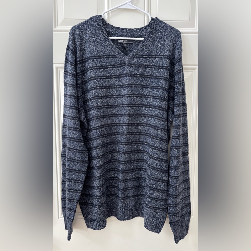 NWT Commerce Men’s XXL Pullover Knit Sweater Stripped Navy & Gray Marled V-Neck
